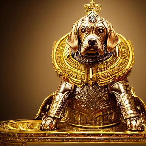 dog clinging to sacred gold armor with diamond details, seated on his canine throne being revered by his dogs. (highly detailed armor), hyper realistic, photography, detailed image, HDR, 8k, beautiful mood light, colorful, beautiful city, f/1.2