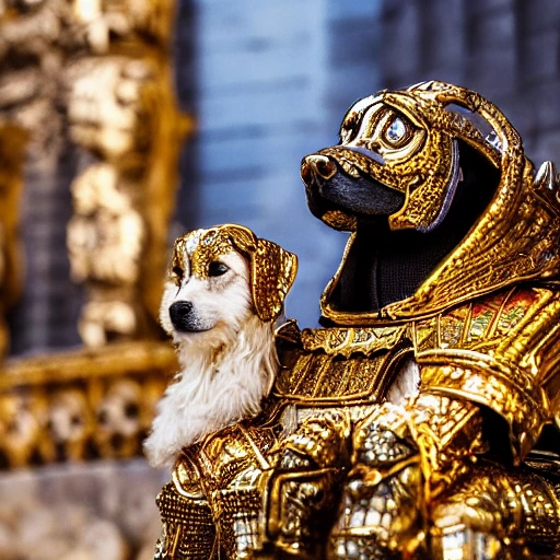 dog clinging to sacred gold armor with diamond details, seated on his canine throne being revered by his dogs. (highly detailed armor), hyper realistic, photography, detailed image, HDR, 8k, beautiful mood light, colorful, beautiful city, f/1.2