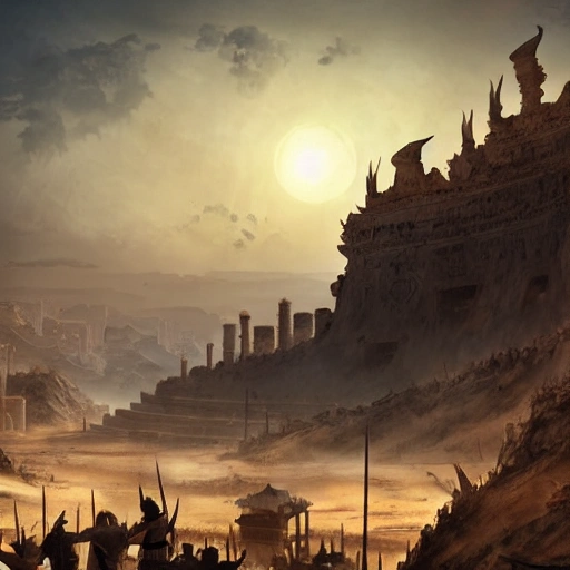 The ruined city in the desert of the ancient Western Regions, there is a black sun in the sky, people are screaming and wailing, epic composition, panorama, overlooking, Chinese style, fantasy style