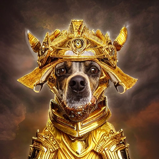 dog clinging to sacred gold armor with diamond details, seated on his canine throne being revered by his dogs. (highly detailed armor), hyper realistic, photography, detailed image, HDR, 8k, beautiful mood light, colorful, beautiful city, f/1.2