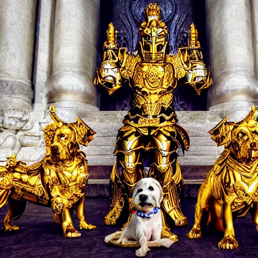 dog clinging to sacred gold armor with diamond details, seated on his canine throne being revered by his dogs. (highly detailed armor), hyper realistic, photography, detailed image, HDR, 8k, beautiful mood light, colorful, beautiful city, f/1.2