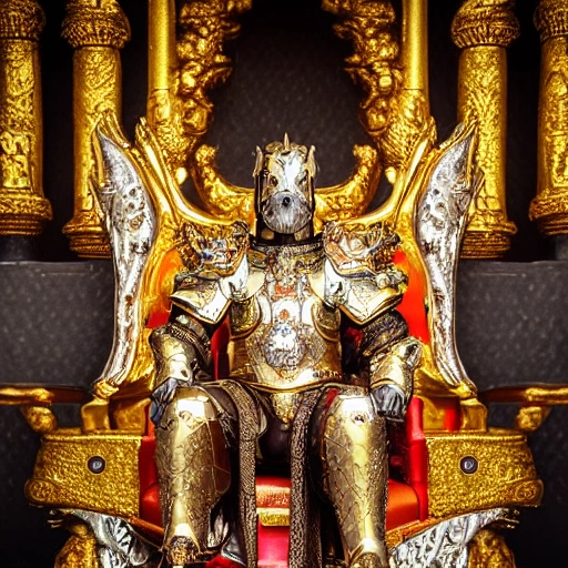 dog clinging to sacred gold armor with diamond details, seated on his canine throne being revered by his dogs. (highly detailed armor), hyper realistic, photography, detailed image, HDR, 8k, beautiful mood light, colorful, beautiful city, f/1.2