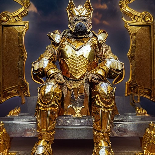 dog clinging to sacred gold armor with diamond details, seated on his canine throne being revered by his dogs. (highly detailed armor), hyper realistic, photography, detailed image, HDR, 8k, beautiful mood light, colorful, beautiful city, f/1.2