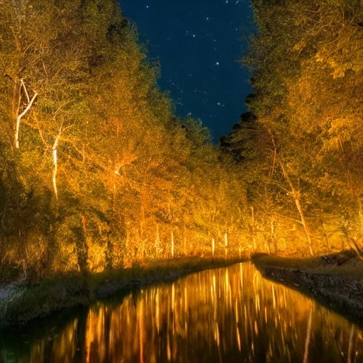 Un atardecer con un sol muy naranja de fondo se ven estrellas  situado en un río con mucha vegetación futurista con luces de neón 8k