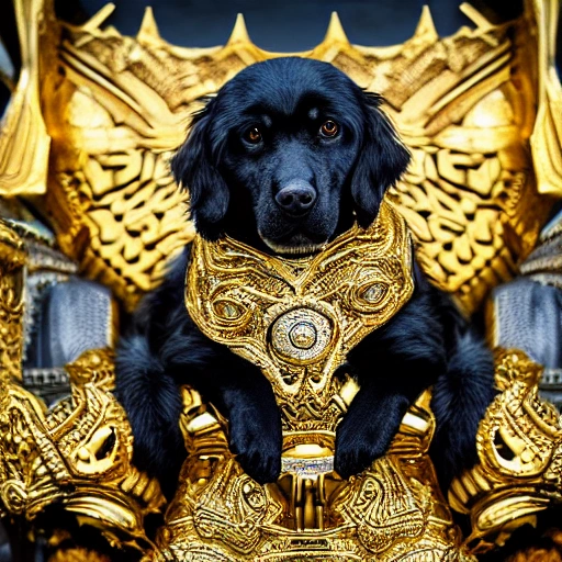 dog clinging to sacred gold armor with diamond details, seated on his canine throne being revered by his dogs. (highly detailed armor), hyper realistic, photography, detailed image, HDR, 8k, beautiful mood light, colorful, beautiful city, f/1.2