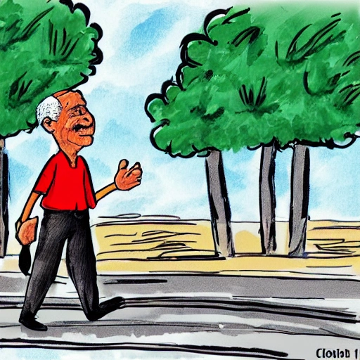 viejo, feliz, caminando en la calle, Cartoon