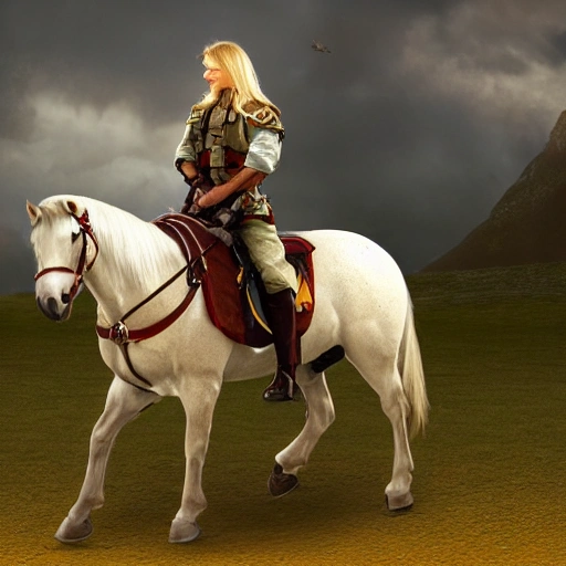 a soldier, Mount on the horse, Add a Final Fantasy sword hand, hair to long blonde hair,Adjust lighting, shadows, and other effects to enhance the realism of the image.