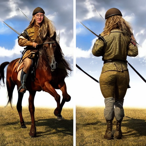 a soldier, Mount on the horse, Add a sword in the hand, hair to long blonde hair,Adjust lighting, shadows, and other effects to enhance the realism of the image.