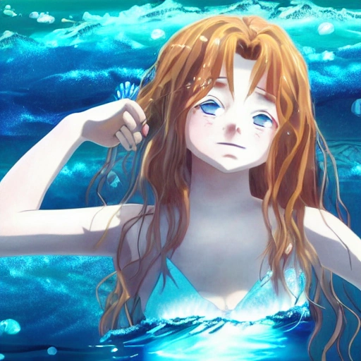 Sadie Sink as a anime, swimming under water. (((Anime style:1.2))), high definition, ((Simetric face:1.2)), (professional detail:1.2) , ocean view, ambiental light, 8k, wallpaper, HDR. 