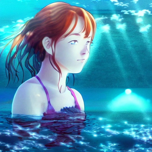 Sadie Sink as a anime, swimming under water. (((Anime style:1.2))), high definition, ((Simetric face:1.2)), (professional detail:1.2) , ocean view, ambiental light, 8k, wallpaper, HDR. 