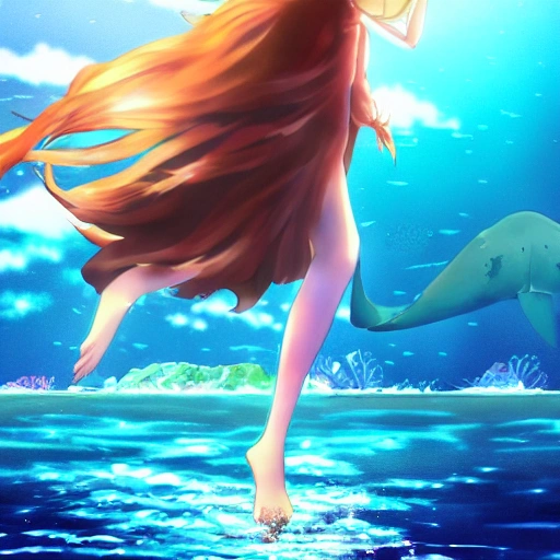 Sadie Sink as a anime, swimming under water. (((Anime style:1.2))), high definition, ((Simetric face:1.2)), (professional detail:1.2) , ocean view, ambiental light, 8k, wallpaper, HDR. 