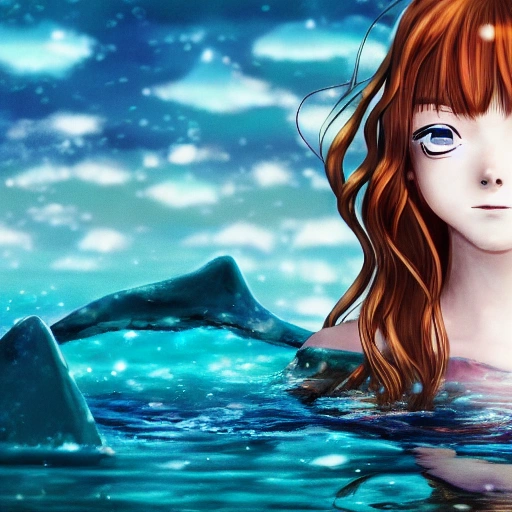 Sadie Sink as a anime, swimming under water. (((Anime style:1.2))), high definition, ((Simetric face:1.2)), (professional detail:1.2) , ocean view, ambiental light, 8k, wallpaper, HDR. 