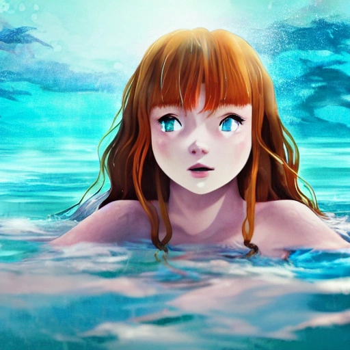 Sadie Sink as a anime, swimming under water. (((Anime style:1.2))), high definition, ((Simetric face:1.2)), (professional detail:1.2) , ocean view, ambiental light, 8k, wallpaper, HDR. 