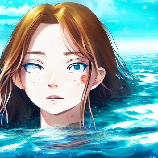 Sadie Sink as a anime, swimming under water. (((Anime style:1.2))), high definition, ((Simetric face:1.2)), (professional detail:1.2) , ocean view, ambiental light, beautiful day , 8k, wallpaper, HDR. 