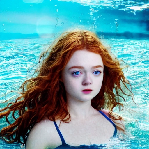 Sadie Sink as a anime, swimming under water. (One Piece style:0.3))), high definition, ((Simetric face:1.2)), (professional detail:1.2) , ocean view, ambiental light, beautiful day , 8k, wallpaper, HDR. 