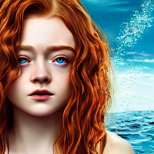 Sadie Sink as a anime, swimming under water. (((One Piece style:0.5))), high definition, ((Simetric face:1.2)), (professional detail:1.2) , ocean view, ambiental light, beautiful day , 8k, wallpaper, HDR. 