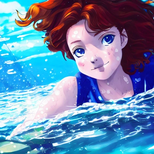 Sadie Sink as a anime, swimming under water. (((One Piece style:0.7))), high definition, ((Simetric face:1.2)), (professional detail:1.2) , ocean view, ambiental light, beautiful day , 8k, wallpaper, HDR. 