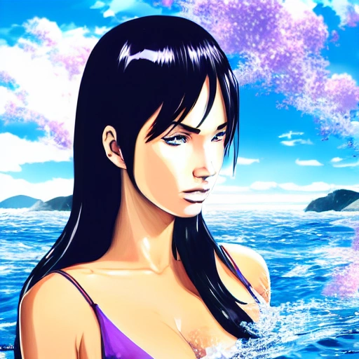 Megan Fox as a anime, swimming under water. (((One Piece style:0.7))), high definition, ((Simetric face:1.2)), (professional detail:1.2) , ocean view, ambiental light, beautiful day , 8k, wallpaper, HDR. 