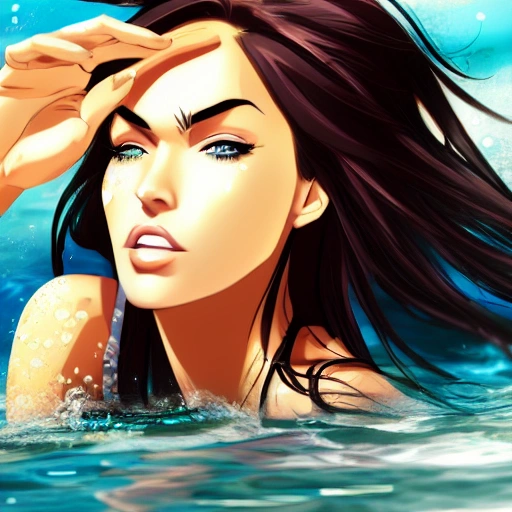 Megan Fox as a anime, swimming under water. (((One Piece style:0.7))), high definition, ((Simetric face:1.2)), (professional detail:1.2) , ocean view, ambiental light, beautiful day , 8k, wallpaper, HDR. 