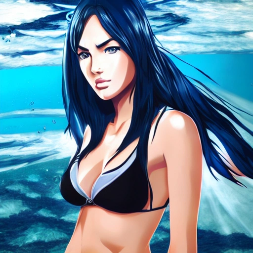 Megan Fox as a anime, swimming under water. (((One Piece style:0.7))), high definition, ((Simetric face:1.2)), (professional detail:1.2) , ocean view, ambiental light, beautiful day , 8k, wallpaper, HDR. 