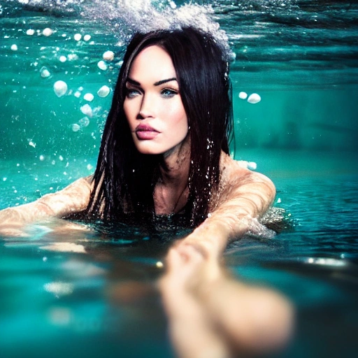 Megan Fox as a anime, swimming under water. (((Dragon Ball Z style:0.7))), high definition, ((Simetric face:1.2)), (professional detail:1.2) , ocean view, ambiental light, beautiful day , 8k, wallpaper, HDR. 