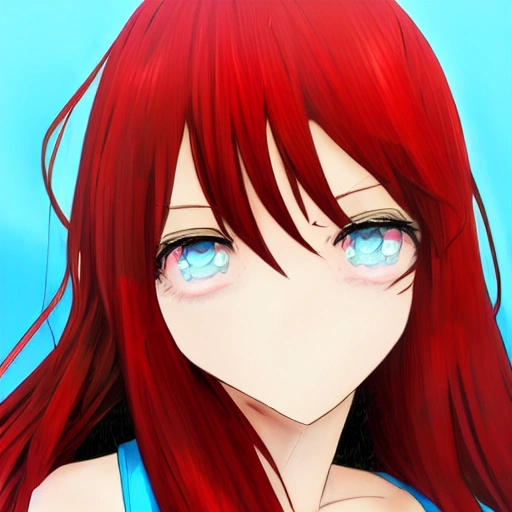 anime girl in bikini, blue eyes, red hair, large chest, digital drawing, fine detail, cute anime girl, anime face,professional, high contrast, 1girl, solo, expressive look, (large breasts:1.1), hearts, light blue eyes, detailed eyes, eyes by Ilya Kuvshinov style, sharp pupils