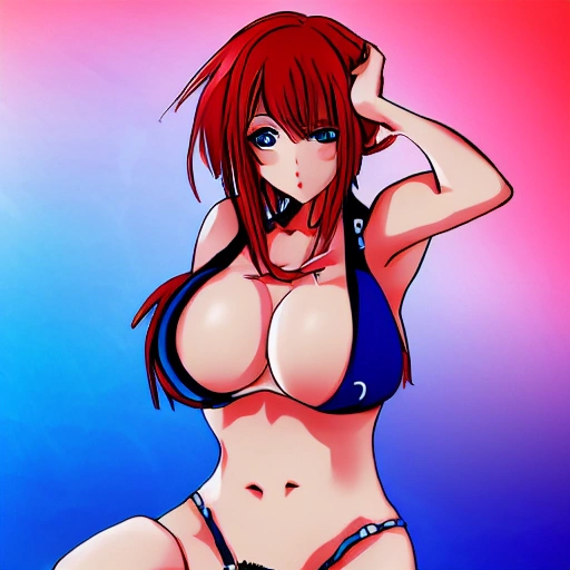 anime girl in bikini, blue eyes, red hair, large chest, digital drawing, fine detail, cute anime girl,professional, high contrast, 1girl, solo, expressive look, (large breasts:1.1)