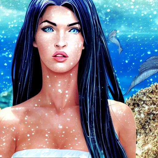 Megan Fox as a anime, swimming under water. (((Sailor Moon style:0.9))), high definition, ((Simetric face:1.2)), (professional detail:1.2) , ocean view, ambiental light, beautiful day , 8k, wallpaper, HDR. 