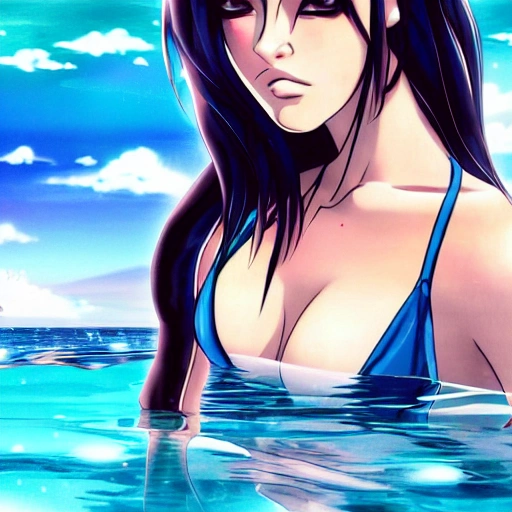 Megan Fox as a anime, swimming under water. (((anime style:1.2))), high definition, ((Simetric face:1.2)), (professional detail:1.2) , ocean view, ambiental light, beautiful day , 8k, wallpaper, HDR. 