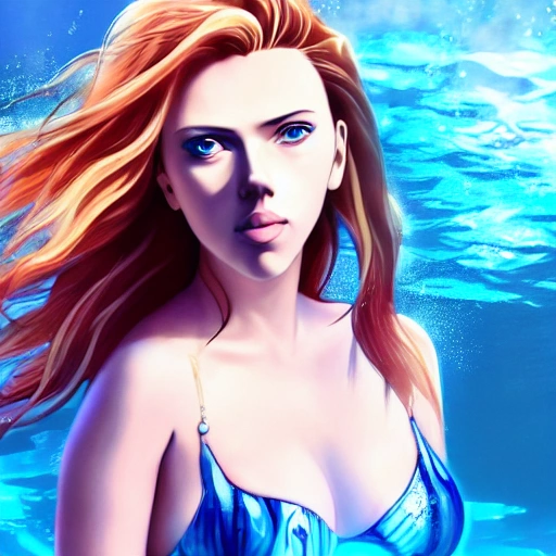 Scarlett Johansson as a anime, swimming under water. (((anime style:1))), high definition, ((Simetric face:1.2)), (professional detail:1.2) , ocean view, ambiental light, beautiful day , 8k, wallpaper, HDR. 