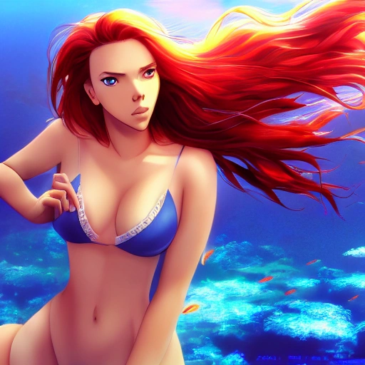 Scarlett Johansson as a anime, swimming under water. (((anime style:1))), high definition, ((Simetric face:1.2)), (professional detail:1.2) , ocean view, ambiental light, beautiful day , 8k, wallpaper, HDR. 