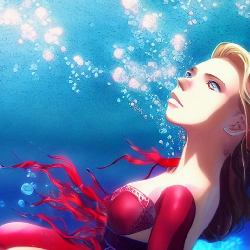 Scarlett Johansson as a anime, swimming under water. (((anime style:1))), high definition, ((Simetric face:1.2)), (professional detail:1.2) , ocean view, ambiental light, beautiful day , 8k, wallpaper, HDR. 