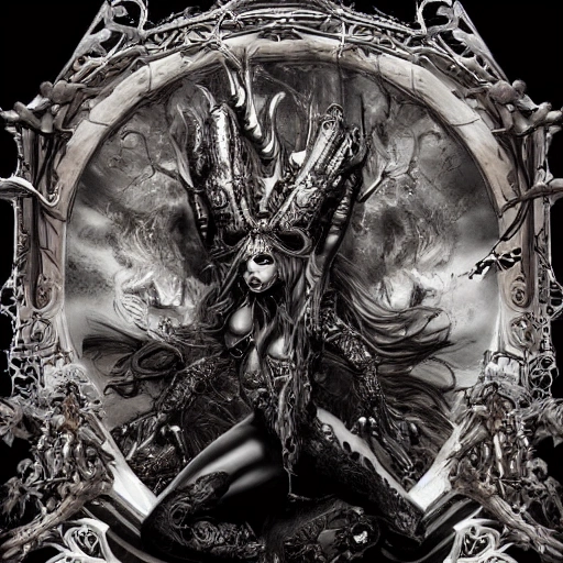 mdjrny-v4 symmetrical ornate guns n' roses cover art, full body, goddes have wing fantasy dark, seven deadly sins, greed, in style of Luis royo, WLOP, h.r. giger, intricate, highly detailed, carnival glass, photorealistic, 32k, scary imagery, full power, insanity, grotesque
