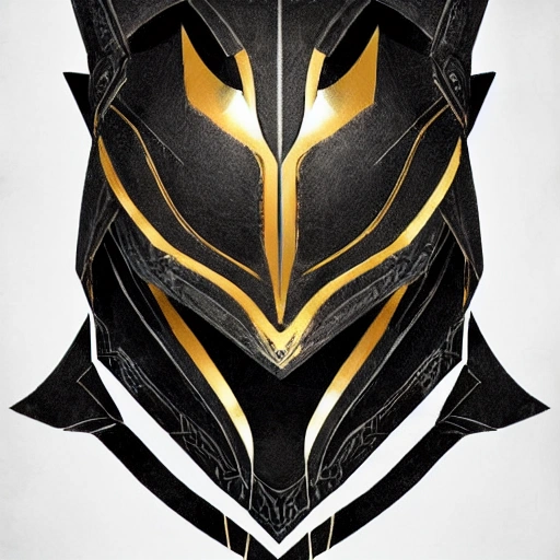 "Design an image of Kalhens, a masked knight in imposing black armor and gold accents. Draw inspiration from the fantasy-style art from Riot Games' Arcane game series, using dramatic shadows and brilliant lighting to emphasize Kalhens' heroic figure. It represents your determination and bravery, like a warrior who is ready to protect his homeland at any cost.