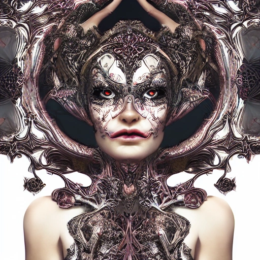 mdjrny-v4 symmetrical ornate beautiful stunning young woman cover art, intricate, highly detailed, carnival glass, photorealistic, 8k, scary imagery, full power, insanity, grotesque
