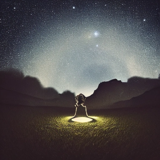 image of dark, beautifull, stoning, full of soft lines of light, landscape with wide perspective, dream land, have a couple with stars, a dog and a cat, music wisdom, detail, photographic, ambiental mood