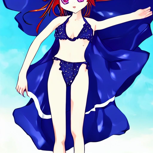 anime girl in bikini, blue eyes, red hair, large chest, digital