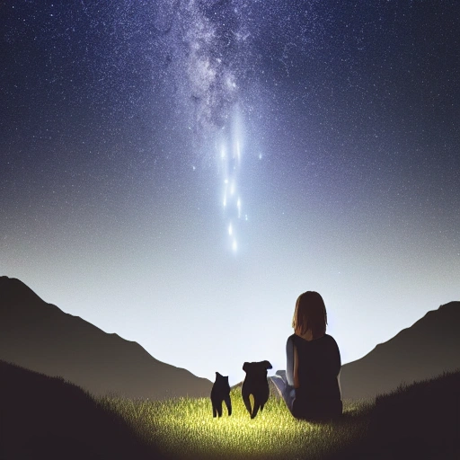 image of dark, beautifull, stoning, full of soft lines of light, landscape with wide perspective, dream land, have a couple of humans with stars, next to them dog and a cat very detail, music wisdom, detail, photographic, ambiental mood