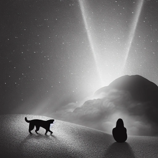 image of dark, beautifull, stoning, full of soft lines of light, landscape with wide perspective, dream land, have 2 humans with stars, next to them dog and a cat very detail, music wisdom, detail, photographic, ambiental mood