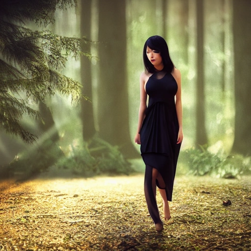 sexy girl, walking, asian, perfect breast, detailed face, shadow effect, spotlight, forest in the background, background blur, hyperrealistic, photografic, 8k, soft ambient light, octane render