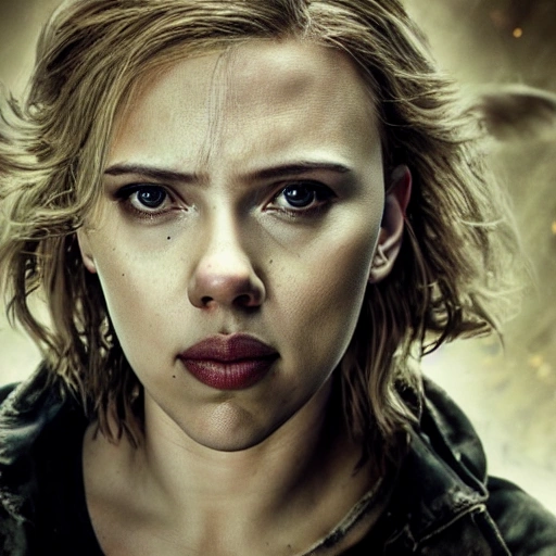 Scarlett Johansson as in "the walking dead". ((Simetric face:1.2)), (beautiful detail), cinematography scene, professional detail, professional photo, high definition, high resolution, 8k, sepia color ambient, ambient lumen, volumetric lighting, hdr