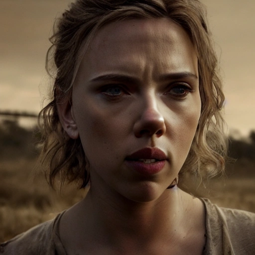 Scarlett Johansson as in "the walking dead". ((Simetric face:1.2)), (beautiful detail), cinematography scene, professional detail, professional photo, high definition, high resolution, 8k, sepia color ambient, ambient lumen, volumetric lighting, hdr