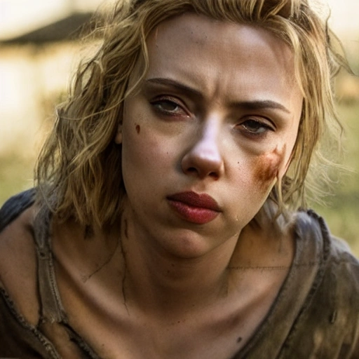 Scarlett Johansson as in "the walking dead". ((Simetric face:1.2)), (beautiful detail), post apocalyptic, cinematography scene, professional detail, professional photo, high definition, high resolution, 8k, sepia color ambient, ambient lumen, volumetric lighting, hdr