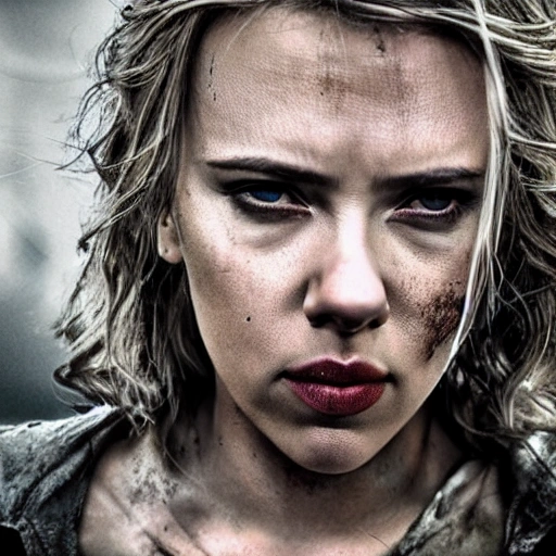 Scarlett Johansson as in "the walking dead". ((Simetric face:1.2)), (beautiful detail), post apocalyptic city, cinematography scene, professional detail, professional photo, high definition, high resolution, 8k, sepia color ambient, ambient lumen, volumetric lighting, hdr