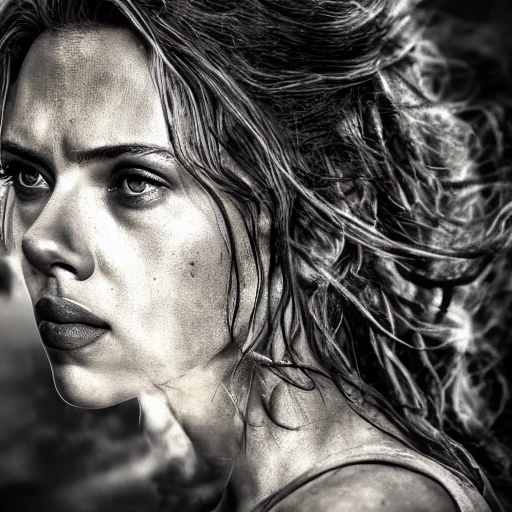 Scarlett Johansson as in "the walking dead". ((Simetric face:1.2)), (beautiful detail), post apocalyptic city, cinematography scene, professional detail, professional photo, high definition, high resolution, 8k, sepia color ambient, ambient lumen, volumetric lighting, hdr