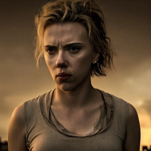 Scarlett Johansson as in "the walking dead". ((Simetric face:1.2)), (beautiful detail), post apocalyptic city, panoramic view, cinematography scene, professional detail, professional photo, high definition, high resolution, 8k, sepia color ambient, ambient lumen, volumetric lighting, hdr