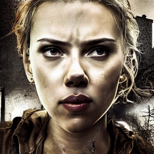 Scarlett Johansson as in "the walking dead". ((Simetric face:1.2)), (beautiful detail), post apocalyptic city, panoramic view, cinematography scene, professional detail, professional photo, high definition, high resolution, 8k, sepia color ambient, ambient lumen, volumetric lighting, hdr