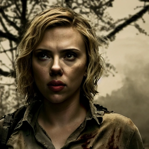 Scarlett Johansson as in "the walking dead". ((Simetric face:1.2)), (beautiful detail), post apocalyptic city, panoramic view, cinematography scene, professional detail, professional photo, high definition, high resolution, 8k, sepia color ambient, ambient lumen, volumetric lighting, hdr