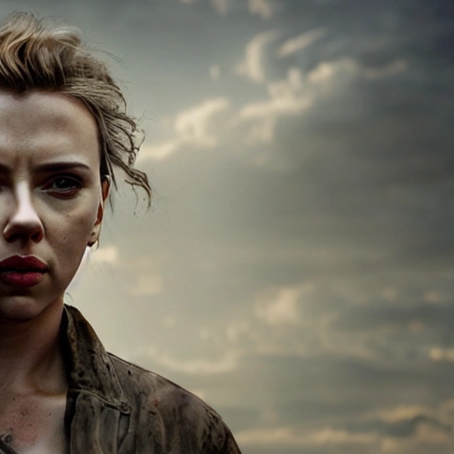 Scarlett Johansson as in "the walking dead". ((Simetric face:1.2)), (beautiful detail), post apocalyptic city, panoramic view, cinematography scene, professional detail, high definition, high resolution, 8k, sepia color ambient, ambient lumen, volumetric lighting, hdr