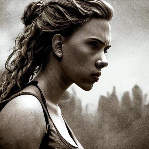 Scarlett Johansson as in "the walking dead". ((Simetric face:1.2)), (beautiful detail), post apocalyptic city, panoramic view, cinematography scene, professional detail, high definition, high resolution, 8k, sepia color ambient, ambient lumen, volumetric lighting, hdr